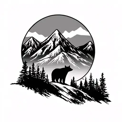 West Virginia mountain scene, cardinal, black bear tattoo design idea