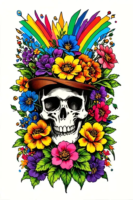 skull, flowers, and rainbows tattoo design idea