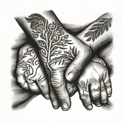 bicep sleeve, fathers hand holding 3x childrens hands golding onto fingers kids names liam, noah and chloe tattoo design idea