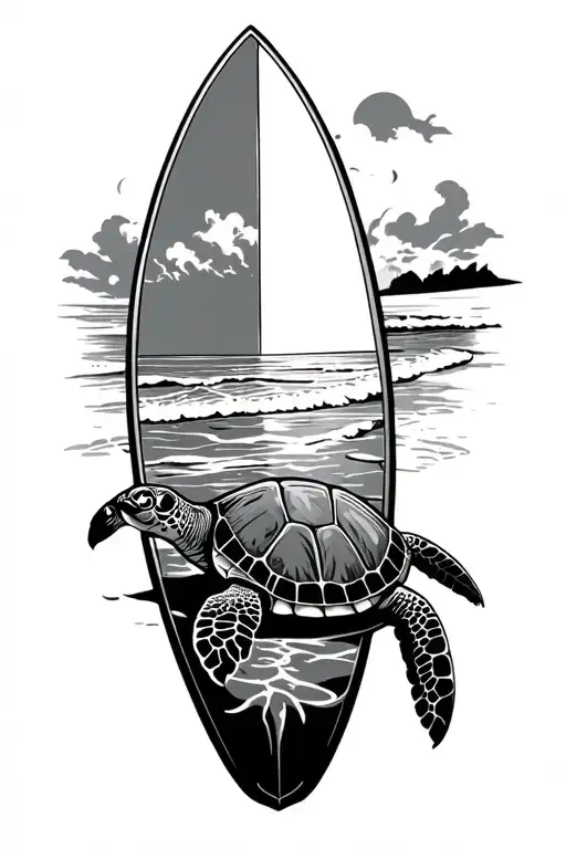 surf board with beach inside with a sea turtle tattoo design idea