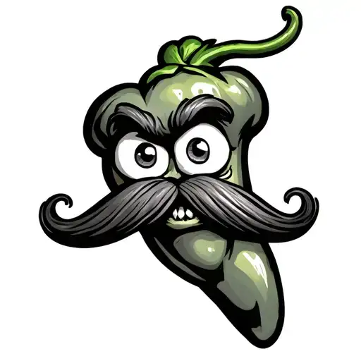 A bold, cartoon-style chili pepper with crazy, wide eyes and a wild expression. It has a mustache shaped like the countr tattoo design idea