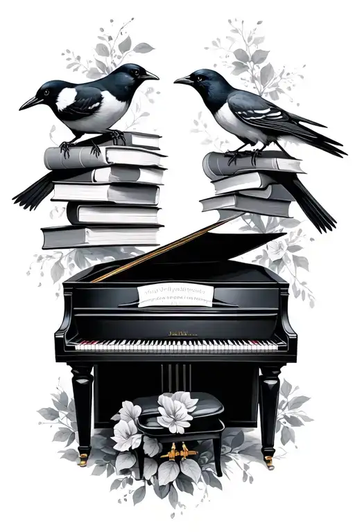 grand piano, books and 2 magpies tattoo design idea