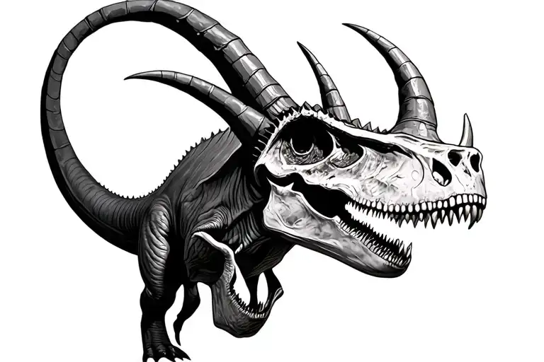 a triceratops with a tyrannosaurus rex skull hanging from one of the horns tattoo design idea