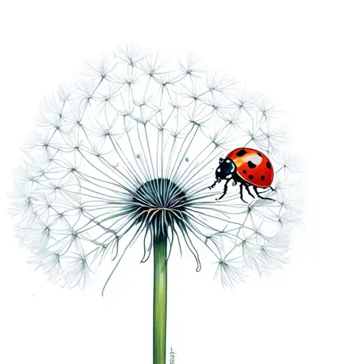 colorful detailed ladybug floating on a white dandelion seed tattoo design idea