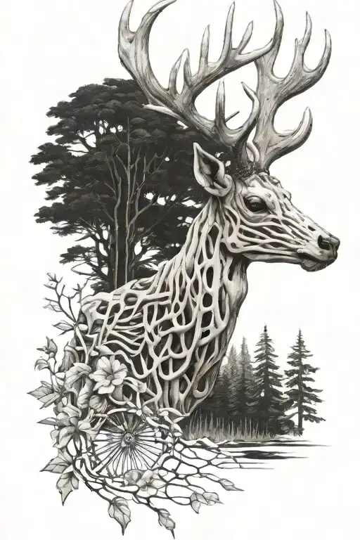 stag Skeleton in Front of forest scene tattoo design idea
