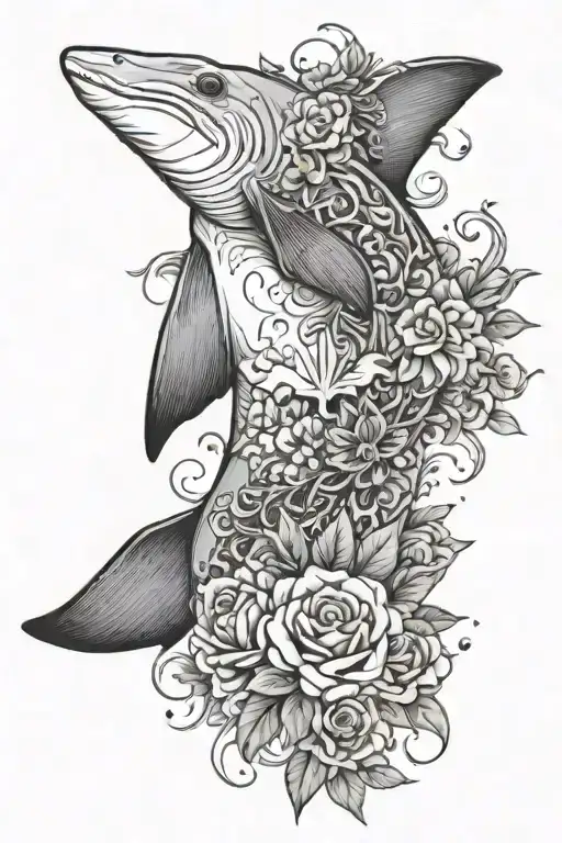 hammerhead shark with flowers surrounding tattoo design idea