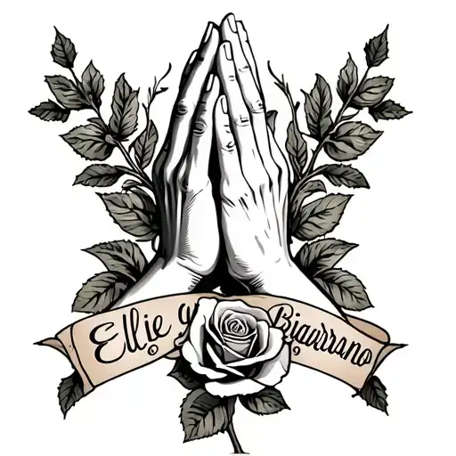 "Ellie gray Bejarano " "Ellie gray Bejarano " rose praying hands banner tattoo design idea