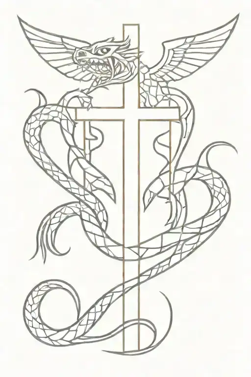 small cross with Aztec dragon wrapped tattoo design idea
