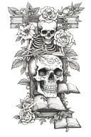 skeleton reading book, peonies, chickadee, tree, oof da, 86000, Lennon Elizabeth, Hunter Ann tattoo design idea