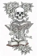skeleton reading book, peonies, chickadee, tree, oof da, 86000, Lennon Elizabeth, Hunter Ann tattoo design idea
