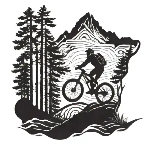 Mountain bike trail winding through a forest with a silhouette of a drummer playing in the background tattoo design idea
