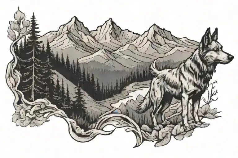 blue ridge mountain range with dog on trail tattoo design idea