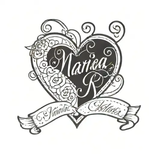 A geometric design incorporating the silhouette of a heart and the names 'Maria', 'Carmen', and 'Marta' in cursive font tattoo design idea