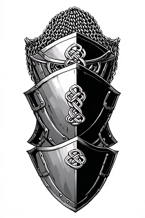 three overlapping armor shoulder sections with celtic knots. behind the armor is chainmail. medieval, gothic tattoo design idea