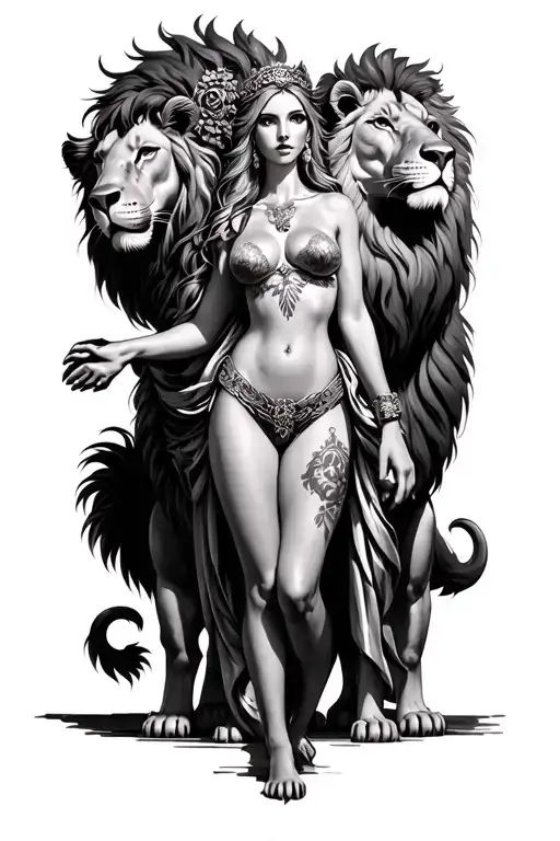sexy goddess Cybele full body and big breasts with realistic lions and quadriga tattoo design idea