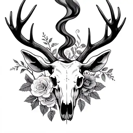 - Smoke coming out of a moose skulls nose, flowers in the antlers, vines (ivy), baby’s breathe, rose, Queen Anne’s lace tattoo design idea