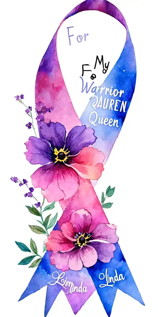 "For My Warrior Queen Linda" Alzheimer's awareness ribbon  with flowers  transformation tattoo design idea