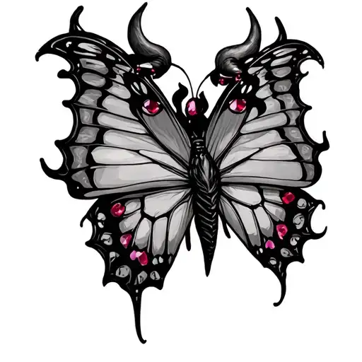 butterfly with devil horns, lace wings and ruby eyes tattoo design idea