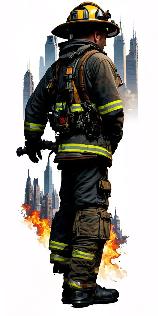 firefighter from the back, buildings and city logo combined tattoo design idea