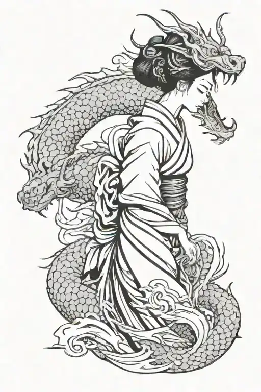 japanese geisha with scary dragon wrapped  tattoo design idea