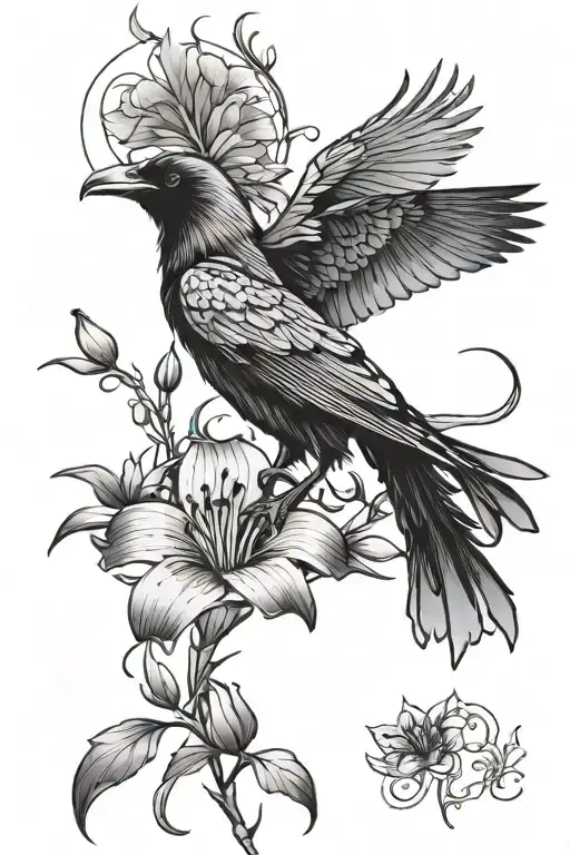 ravens flying around black spider lily flowers tattoo design idea
