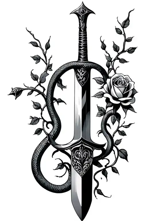 a dagger with a snake wraped around it and vines wrapping around it and a rose on the dagger blade tattoo design idea