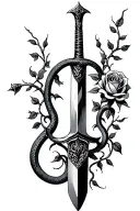 a dagger with a snake wraped around it and vines wrapping around it and a rose on the dagger blade tattoo design idea