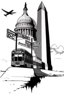 Washington monument, United states capital, welcome dc sign, dc metro bus, plane above buildings, street signs tattoo design idea