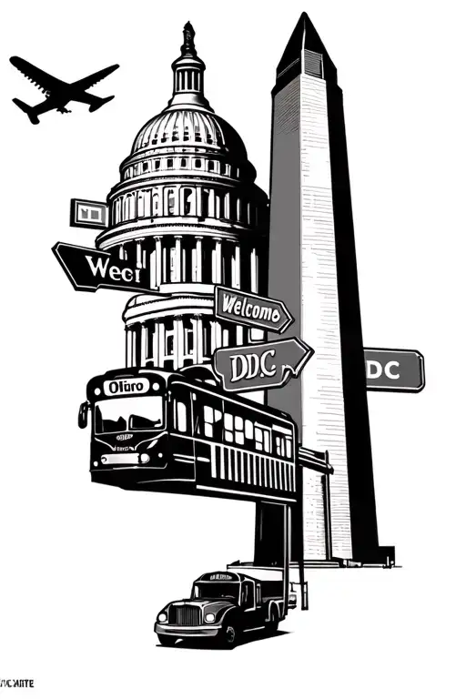 Washington monument, United states capital, welcome dc sign, dc metro bus, plane above buildings, street signs tattoo design idea