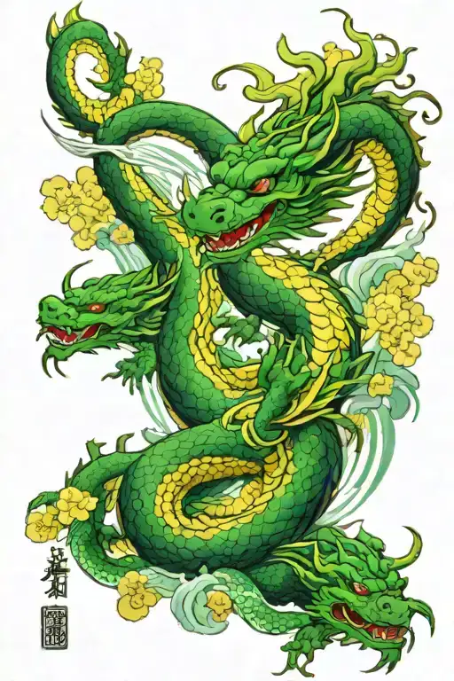 green dragon with yellow details, wind and water fillers, little lotus flowers around, colored tattoo design idea
