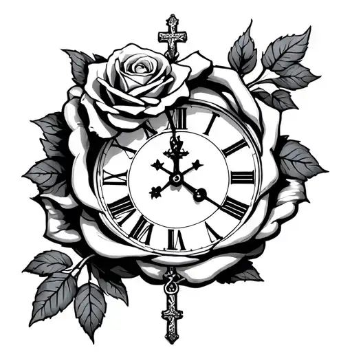 rose clock rose rosary bead cross wrapped tattoo design idea