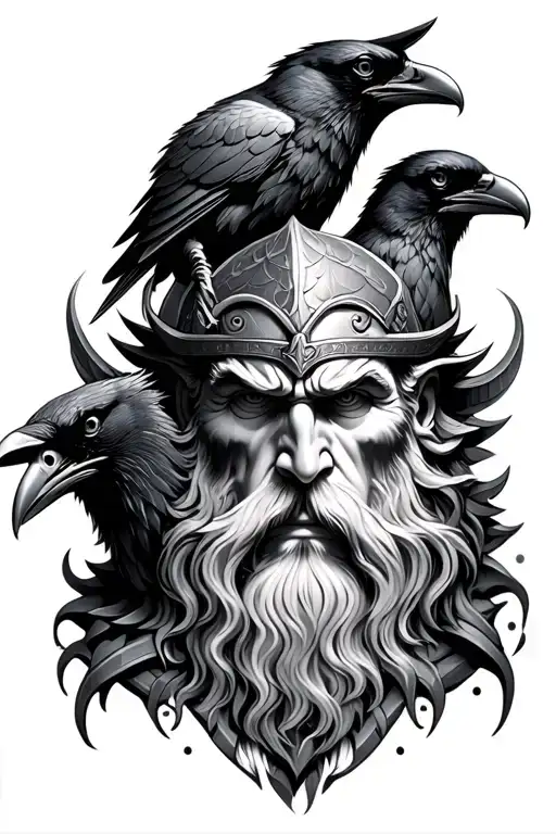 the face of the god odin with 2 ravens   tattoo design idea
