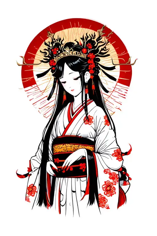 Izanami sama (death) with her crown and kimono, in the back the sun of death (traditional japanese tatoo) tattoo design idea