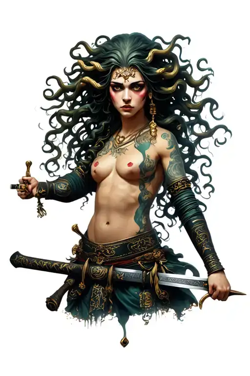 Full Body Medusa holding a samurai sword tattoo design idea
