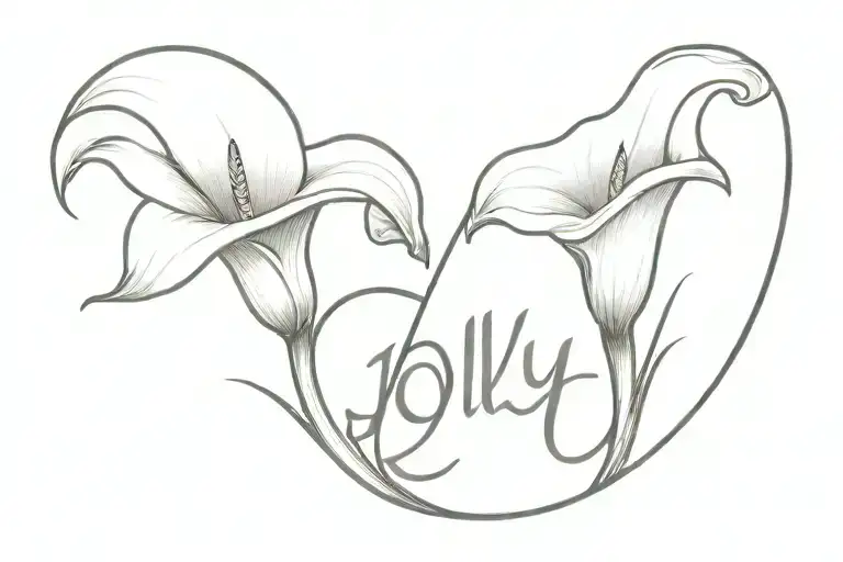 a small script tattoo of the word Jolly, and the last letter y morphs into a calla lily  tattoo design idea
