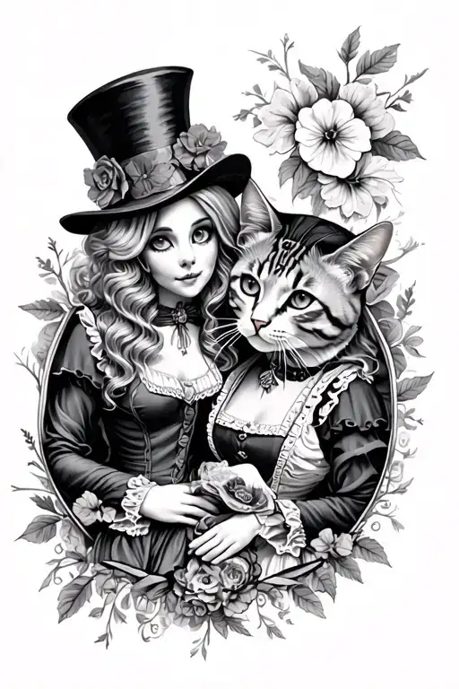 dark Alice and wonderland sleeves with mad hatter and cat tattoo design idea