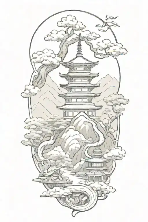 a japanese landscape where there are pagodas sitting on a snake tattoo design idea