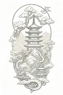 a japanese landscape where there are pagodas sitting on a snake tattoo design idea