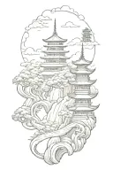 a japanese landscape where there are pagodas sitting on a snake tattoo design idea