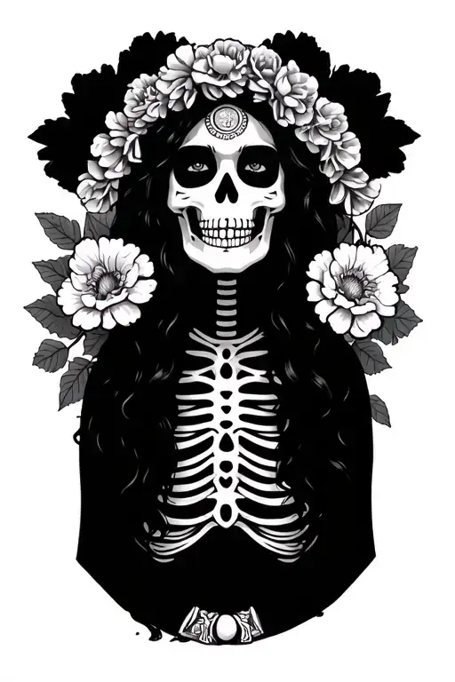 Mexican skeleton woman with carnations tattoo design idea