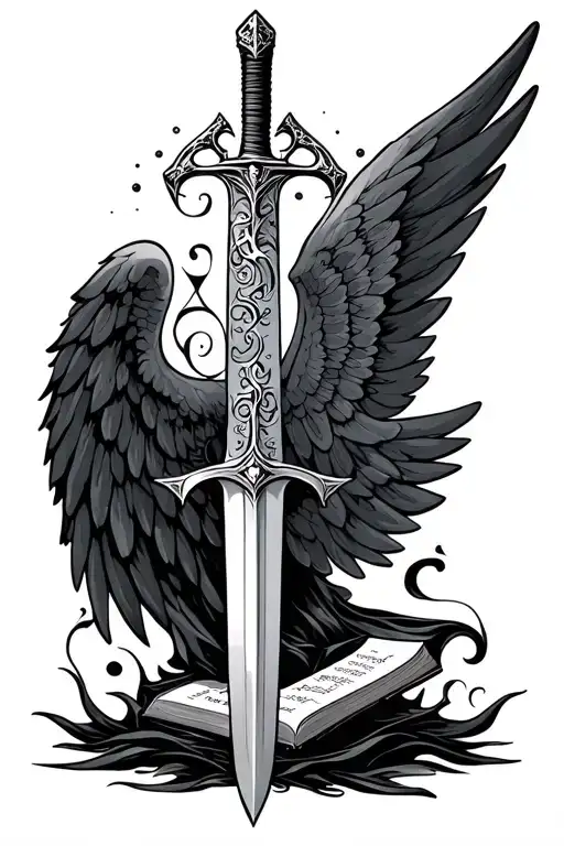wings with a sword and a bible scripture verses flowing tattoo design idea