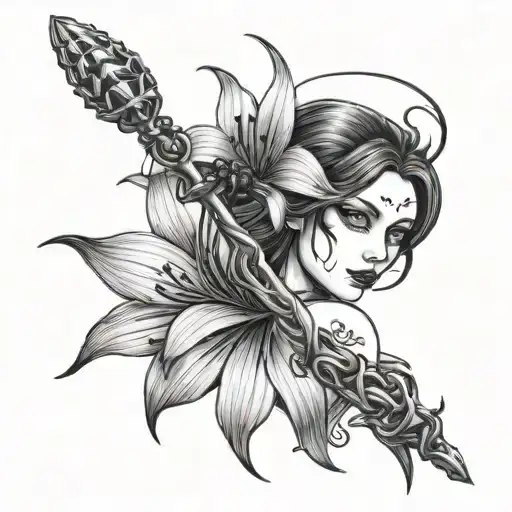 gothic girl holding black widow spider lily tattoo design idea