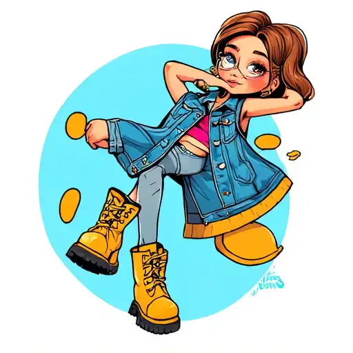 peanut girl wearing denim vest and boots tattoo design idea