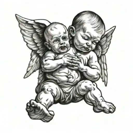 A baby in the arms of an angelic bodybuilder tattoo design idea