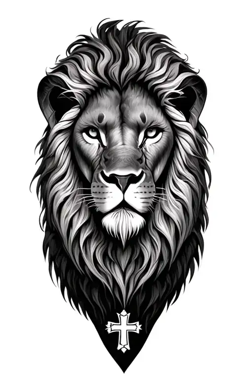 realistic lion head, majestic landscape, 3 subtle crosses, half sleeve, very detailed art piece. tattoo design idea
