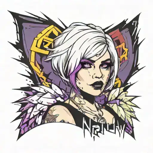 Sexy Petite Girl white short bob hairstyle small torn crop top, big cleavage hands purple eyes, portrait. gothic pin-up  tattoo design idea