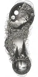 flowing waves, surrounded by a mystical forest scene, with subtle elements of sacred geometry and glowing stars in b&w tattoo design idea