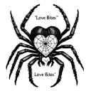"Love Bites" heart shape spider with spider webs inside a frame of a ribcage tattoo design idea