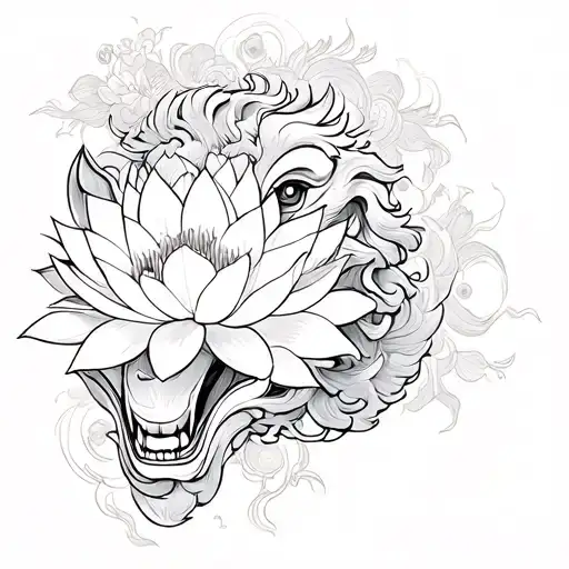 Japanese, foo dog, lotus flowers, tattoo design idea