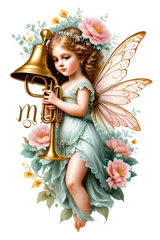 bell fairy with trumpet and flower and initial m tattoo design idea